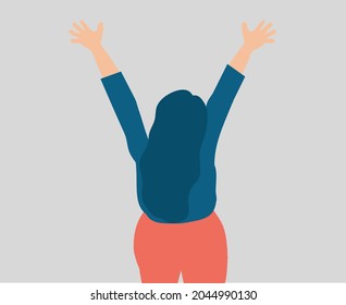 Happy Woman With Raised Hands. A Joyful Girl Joins Events With Her Open Arms. Concept Of Happiness, Inner Peace, Positive Thinking, Optimism And Mental Health Wellbeing. Back View. Vector Illustration