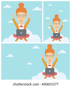 A happy woman with raised hands sitting on a cloud with a laptop. Vector flat design illustration. Square, horizontal, vertical layouts.