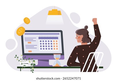 A happy woman raises her fist near a computer showing a financial calendar, hourglass, and coins, symbolizing successful online payment. Vector illustration