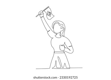 A happy woman raising the Brazilian flag. 7 de setembro one-line drawing