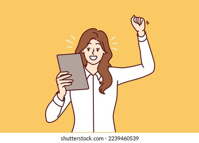 Happy woman raising hand making victory gesture and looking at electronic tablet. Positive businesswoman in white shirt rejoices after reading e-mail message from partners. Flat vector design