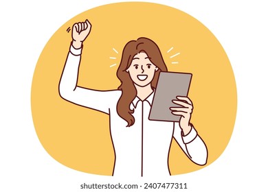 Happy woman raising hand making victory gesture and looking at electronic tablet. Positive businesswoman in white shirt rejoices after reading e-mail message from partners. Flat vector design