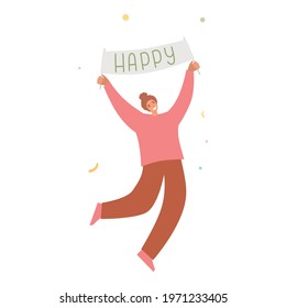 Happy woman raising hands celebrating holiday with colorful confetti vector flat illustration. Woman hold gift box, banner, flag having fun with friends isolated. Person with balloons and flag.