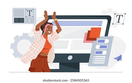 Happy woman raising hands in front of a large computer screen with UI elements, gears, and text icons, symbolizing web design or content creation