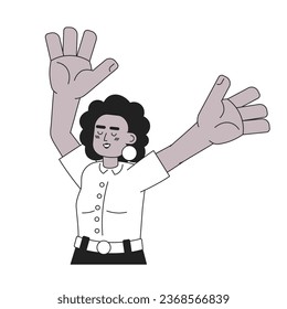 Happy woman raising hands up monochromatic flat vector character. Girl overwhelmed with happiness. Editable thin line half body person on white. Simple bw cartoon spot image for web graphic design