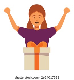 Happy woman is raising her hands behind big gift box with orange ribbon, celebrating birthday or christmas