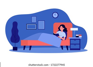 Happy woman reading book in bed. Female student studying library textbook before going to sleep. Vector illustration for healthy habit, leisure, literature concept