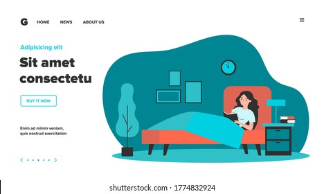 Happy woman reading book in bed. Female student studying library textbook before going to sleep. Vector illustration for healthy habit, leisure, literature concept