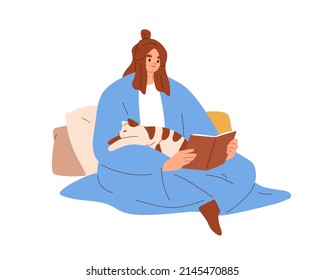 Mujer feliz leyendo un libro con un lindo gato durmiendo sobre ella. El dueño de una mascota cubierta de manta, sentado con gatito en casa. Hembras y animales felinos. Ilustración vectorial plana aislada en fondo blanco