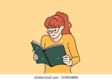 Happy woman reading book engaged in interesting novel. Smiling girl enjoy literature. Bookworm or booklover concept. Education and learning. Flat vector illustration. 