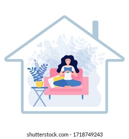 Happy woman reading book inside house icon. Concept of activity for staying home. Female character sitting on sofa near houseplant. Vector flat illustration