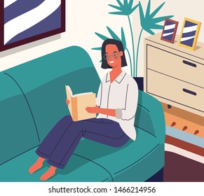 Happy woman reading a book sitting on the sofa in the room. Vector illustration in a flat style