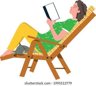 Happy woman reading a book sitting with cat - vector illustration isolated on white background