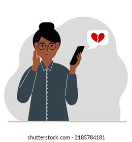 Happy woman reading a message on his mobile phone. Message with a broken red heart. Vector