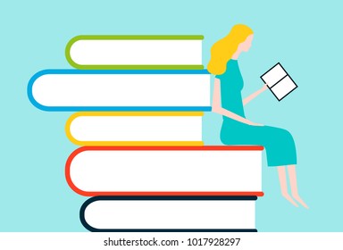 Happy woman reading on tower of books - vector colorful illustration isolated on background