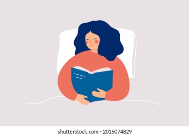 Happy woman reads the book with enjoy in the bed at night or morning. Book therapy session. Mental health concept. Vector illustration