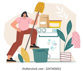 Happy woman ready for household chores. Housewife keeping her house clean and tidy, flat cartoon vector illustration isolated on white background. Housekeeping detergents and supplies.