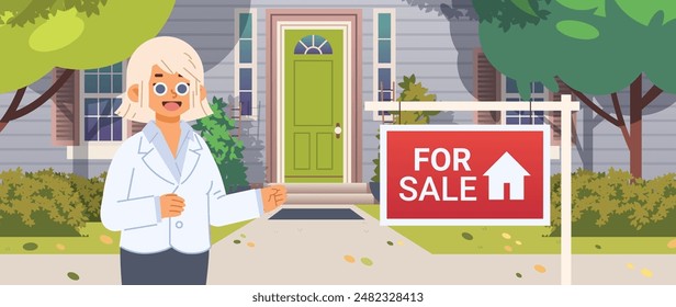 Happy woman realtor presenting house for sale. Selling of private property flat vector illustration
