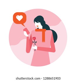 Happy woman receive love text message on mobile phone. Happy valentine's day. flat icons design. vector illustration