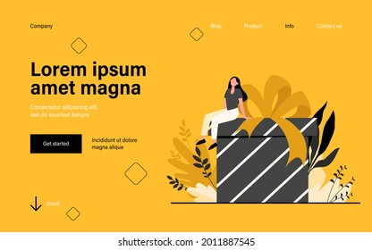 Happy woman receiving gift. Tiny cartoon character sitting on huge present box with bow flat vector illustration. Birthday, surprise, Christmas concept for banner, website design or landing web page