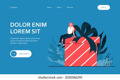 Happy woman receiving gift. Tiny cartoon character sitting on huge present box with bow flat vector illustration. Birthday, surprise, Christmas concept for banner, website design or landing web page