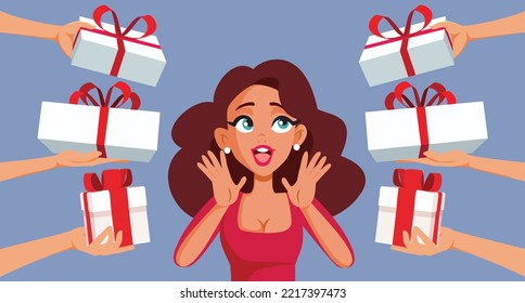 
Happy Woman Receiving Many Birthdays Gifts Vector Cartoon Illustration. Cheerful girl celebrating her anniversary with a lot of presents
