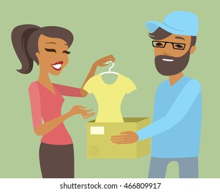 Happy woman receiving package from courier e-commerce concept