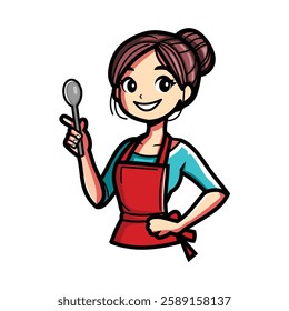 A happy woman in a red apron and teal shirt holding a spoon, drawn in a modern cartoon style