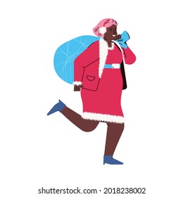 A happy woman in a red christmas costume runs holding large blue bag with new year gifts and presents. Vector illustration isolated on a white background.