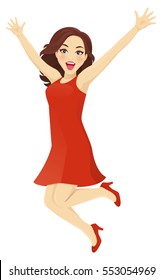 Happy woman in red dress jumping isolated