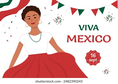 happy woman in a red dress with the words viva mexico. Keywords Facial expression, Sleeve, Happy, Font, Red, Waist, Thigh, Fashion design, Pattern, Beauty