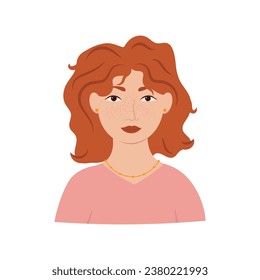 Happy woman with red hair, earrings and a smile. Portrait of a smiling business girl with curly hair on an isolated white background. Flat graphic vector illustration.	