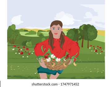 Happy woman with red lips and jacket sitting on grass while holding on her lap a basket with flowers. Mountains on background. Vector