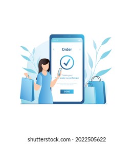 Happy woman rejoices shopping in paper bags. Girl with smartphone placed successful order in online store. Thank you for shopping on Internet on screen in application, on website.