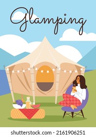 Happy woman relaxing by the river in front of glamping tent, poster template flat vector illustration. Luxury camping concept. Cartoon character living outdoors in comfortable big tent.