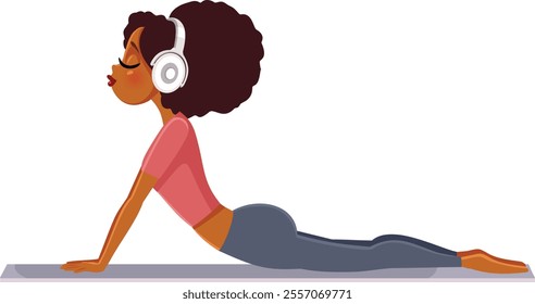 
Happy Woman Relaxing Doing Yoga Listening to Music Vector. Carefree girl enjoying exercising listening to her favorite song 
