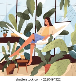 Mujer feliz relajándose en hamaca entre macetas en invernadero. Persona descansando en el jardín con plantas verdes. Hembra en interior de jungla interior, invernadero moderno. Ilustración vectorial plana