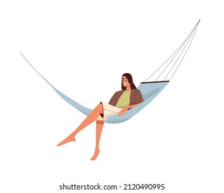 Happy woman relaxing in hammock. Young female resting, lying in comfortable hanging furniture. Carefree person at summer holidays relaxation. Flat vector illustration isolated on white background