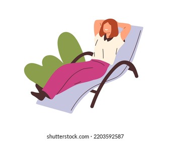 Happy woman relaxing, lying on chaise longue. Female employee chilling on deck chair at break. Relaxation of office worker lounging, resting. Flat vector illustration isolated on white background