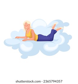 Happy woman relaxing on cloud vector illustration. Cartoon isolated joyful girl lying on cloud in summer sky to sleep, comfy healthy rest, freedom and magic dreams of female dreamer character