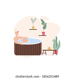 Happy woman relaxing in wooden bathtub, drinking tea at spa salon. Vector character illustration of modern center for recreation cosmetic procedures, body and skin care treatment, wellness therapy