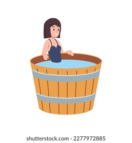 Mujer feliz relajándose en el estilo plano de fuente de madera, ilustración vectorial aislada en fondo blanco. Tiempo de sauna, carácter sonriente, descanso e higiene, elemento de diseño