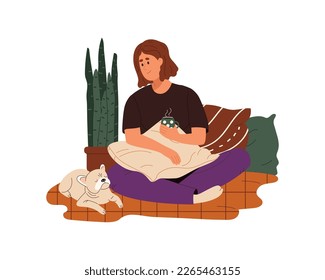 Happy woman resting with dog, drinking tea cup. Girl sitting with coffee mug and sleeping doggy. Pet owner with adorable canine animal at home. Flat vector illustration isolated on white background