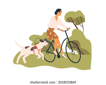 Happy woman riding bicycle with dog tied to bike. Pet owner cycling with doggy running nearby. Cyclist walking with puppy in nature. Colored flat vector illustration isolated on white background