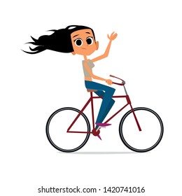 Happy woman, riding a bike with the wind blowing her hair. Practicing physical exercise in a healthy way of life concept. 