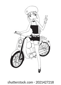 Happy woman riding a motorcycle cartoon doodle young girl teenage, beautiful cute girls hand drawn, isolated on white background vector illustration