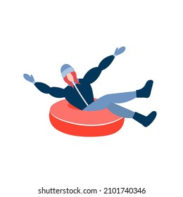 Happy woman riding on snow tubing donut. Cheerful woman sliding down on snow tube and raise hands. Vector stock illustration