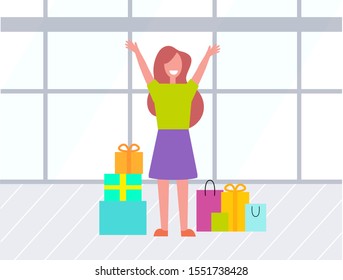 Happy woman with rising hands, female character standing with purchases. Smiling lady with colorful packages, shopping day, waiting in supermarket vector