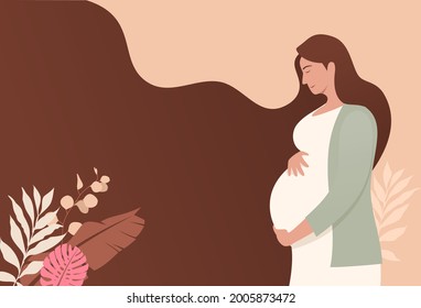 Happy woman rub her pregnant belly vector illustration concept, motherhood, pregnancy mom