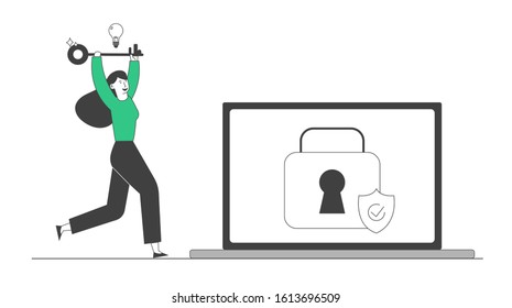 Happy Woman Run With Huge Key In Hands And Glowing Light Bulb Above Head To Laptop With Padlock And Shield On Screen. User Remember Account Lost Password. Cartoon Flat Vector Illustration, Line Art